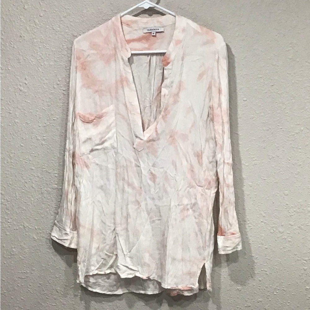 Olivaceous White/Pink Tie-Dye Long Sleeve V-Neck High-Low Tunic Sz M Boho Beach